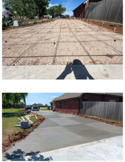 Before and After: A rebar-reinforced gravel base poured and finished into a smooth, wide concrete driveway.