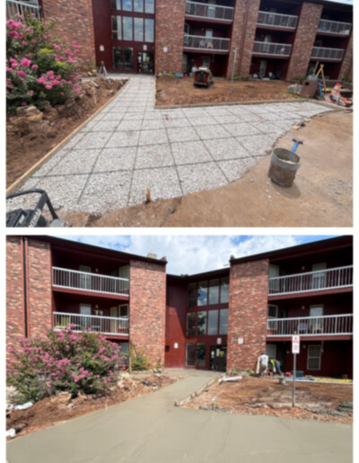 Before and After: A rebar-reinforced gravel base poured into a fresh concrete walkway leading to an apartment building entrance.