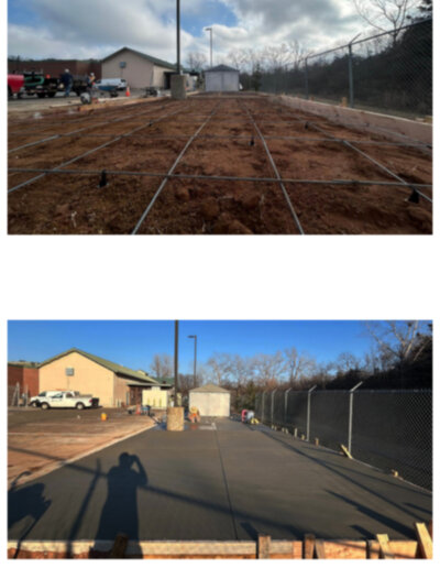 Before and After: A rebar-gridded dirt lot poured and finished into a smooth, dark-stained commercial concrete pad.