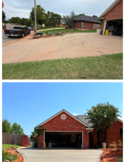 Before and after concrete driveway repair showing cracked, worn surface transformed into a smooth, durable, freshly poured concrete finish