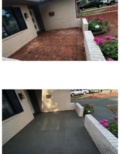 Before and After: A prepped rebar-reinforced slab transformed into a smooth, dark stained concrete front porch.