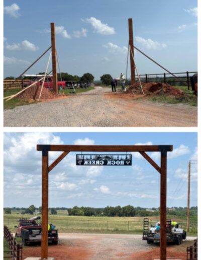 Before and after custom wood entrance gate installation showing braced support posts set in concrete transformed into a finished ranch entrance gate with overhead beam and Rock Creek sign