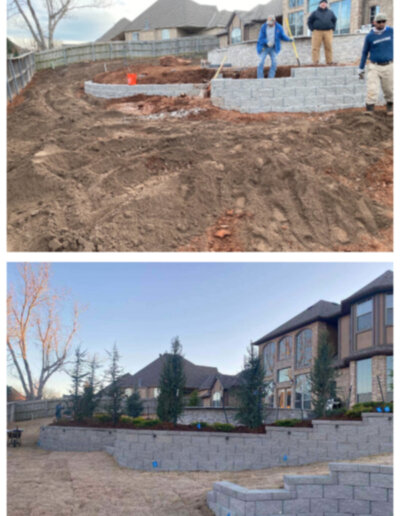 Before and After: A bare, sloped backyard transformed into a landscaped multi-tier retaining wall with planting beds and steps."