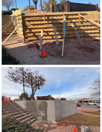 Before and After: Wood forms for a poured concrete retaining wall finished into a smooth, stamped concrete wall beside outdoor steps.