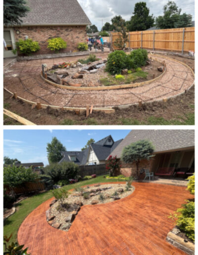Before and after stamped concrete patio installation showing prepped rebar forms transformed into a wood-plank textured, stained concrete patio around a curved garden bed