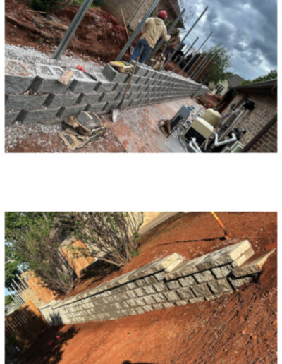 Before and After: Interlocking retaining wall blocks being installed on a sloped backyard, finished into a clean, stable terraced wall.